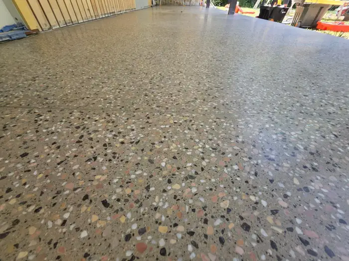 Close-up of the natural stone and marble aggregate in a poured terrazzo floor