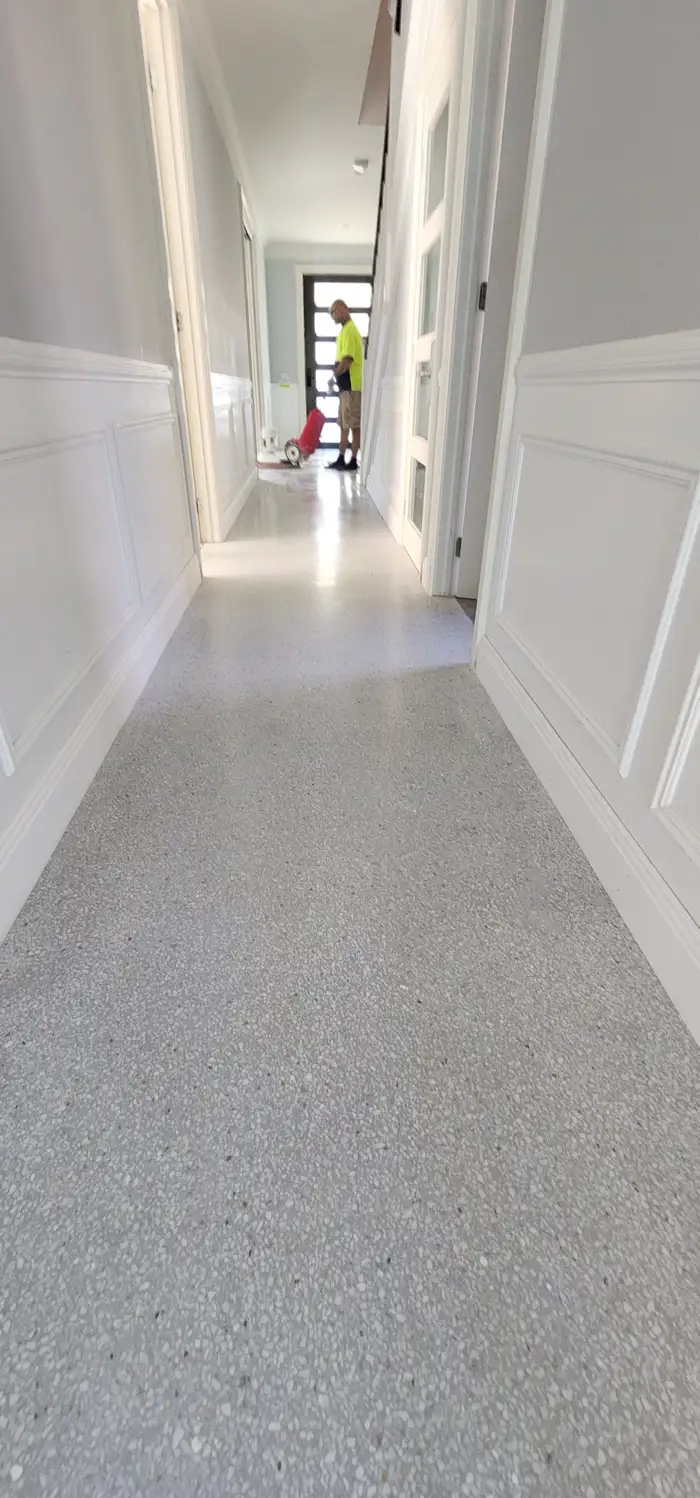 White terrazzo floor with fine marble aggregate at Elumi Studio, Rosebery