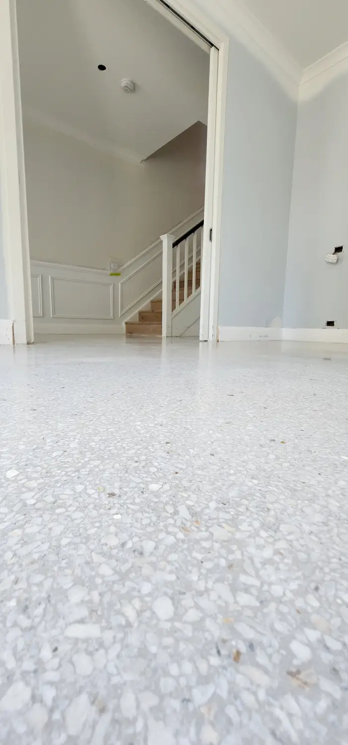 Polished white terrazzo detail at Elumi Studio, Rosebery