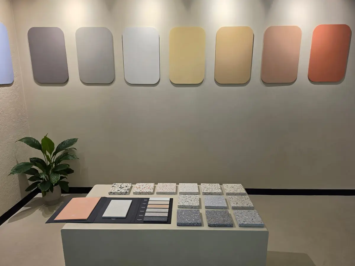 Colour and aggregate sample panels on display at the Nextone Lane Cove showroom, where you choose your terrazzo base colour and stone mix