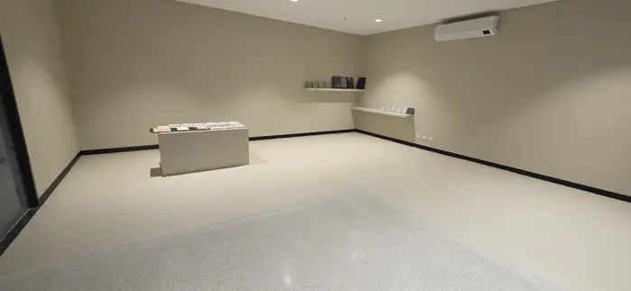 Microcement colour and finish sample displays at the Nextone Lane Cove West showroom